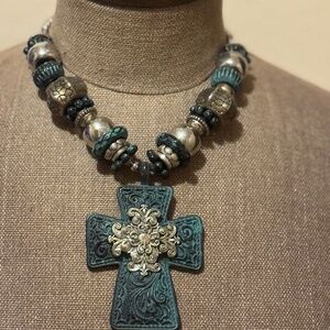 Rodeo Ready!  Gorgeous Verdigris Mixed Metal Filigree Cross Statement Necklace